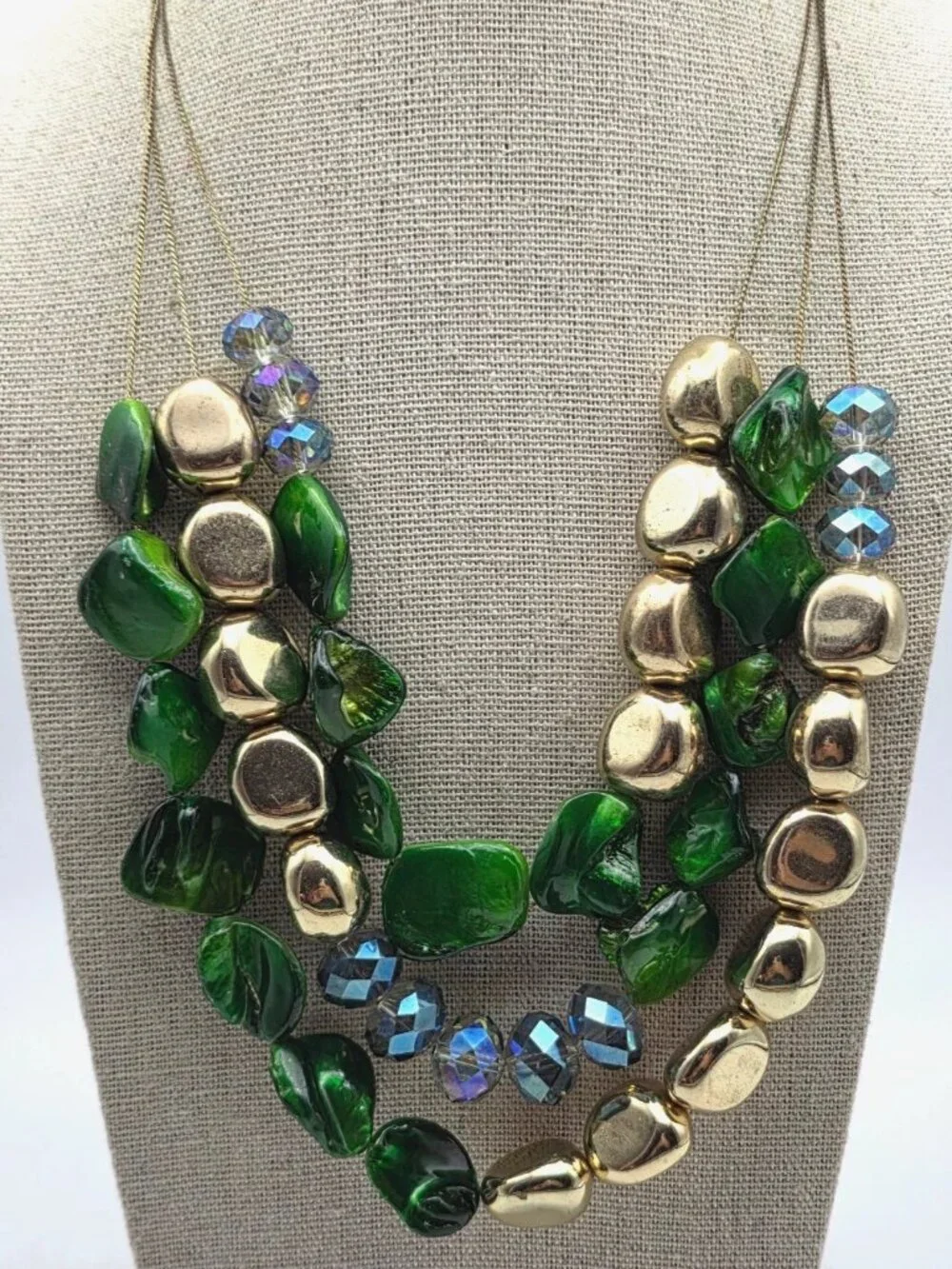 Green Dyed Mother of Pearl Gold Nugget Crystal Triple Strand Necklace 21 in Vtg.